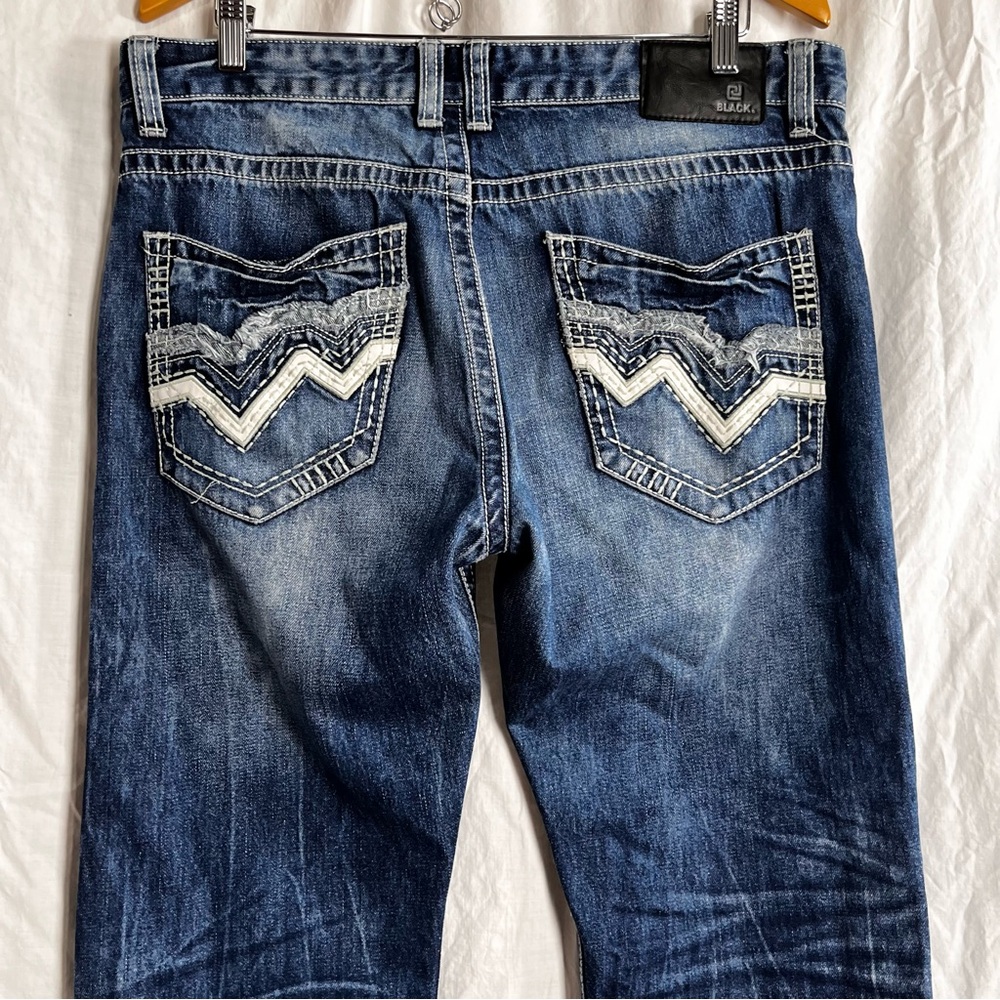 Black Premium Mens Jeans 34x32 Low Rise Slim Straight Actual 38x33 Distressed